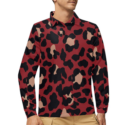 Cheetah Red Print Pattern Long Sleeve Polo Shirt For Men's