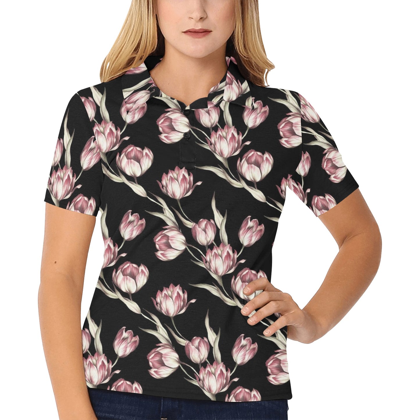 Tulip Pink Pattern Print Design TP02 Women's Polo Shirt
