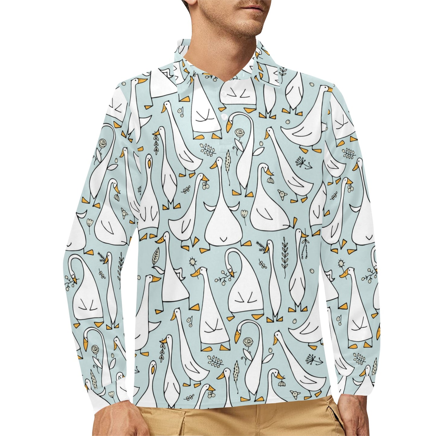 Goose Pattern Print Design 03 Long Sleeve Polo Shirt For Men's