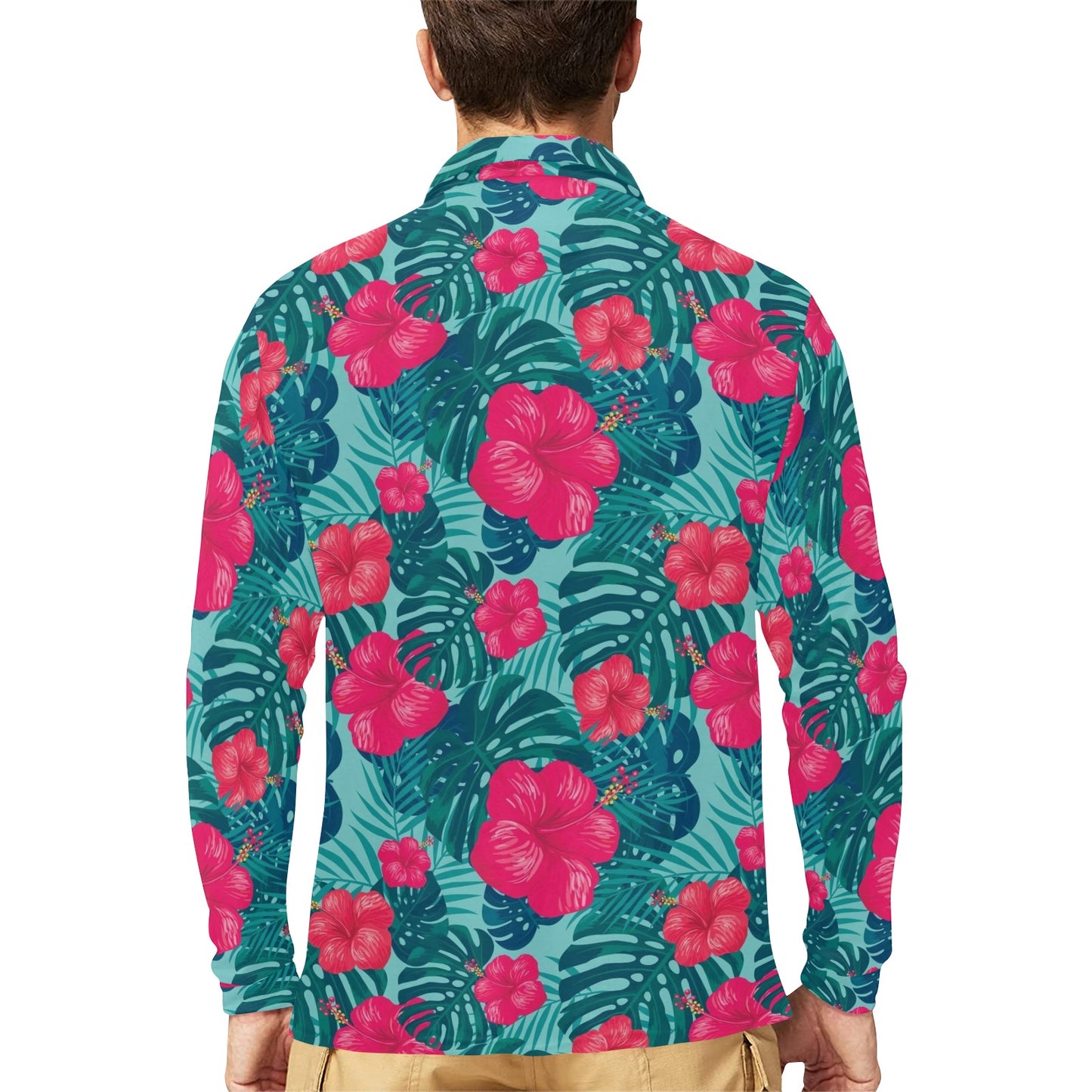 Red Hibiscus Pattern Print Design HB017 Long Sleeve Polo Shirt For Men's