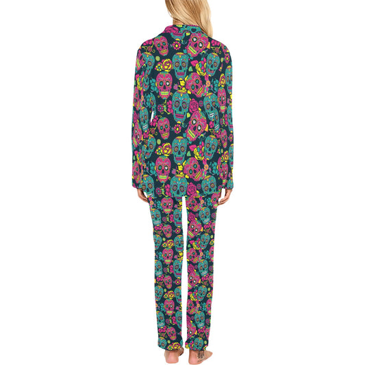 Sugar Skull Floral Design Themed Print Women's Long Pajama Set