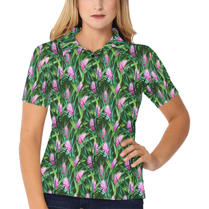 Tropical Folower Pink Heliconia Print Women's Polo Shirt