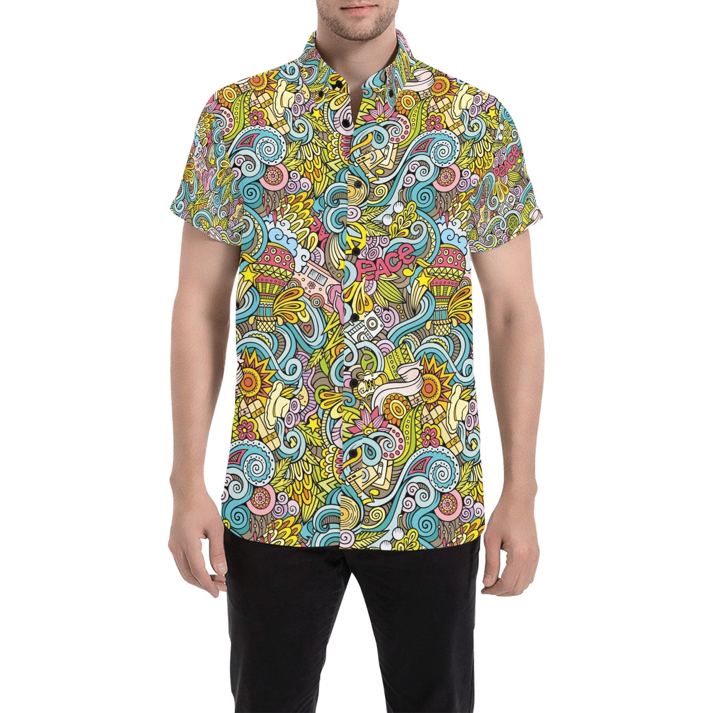 Hippie Print Design LKS301 Men Short Sleeve Button Up Shirt