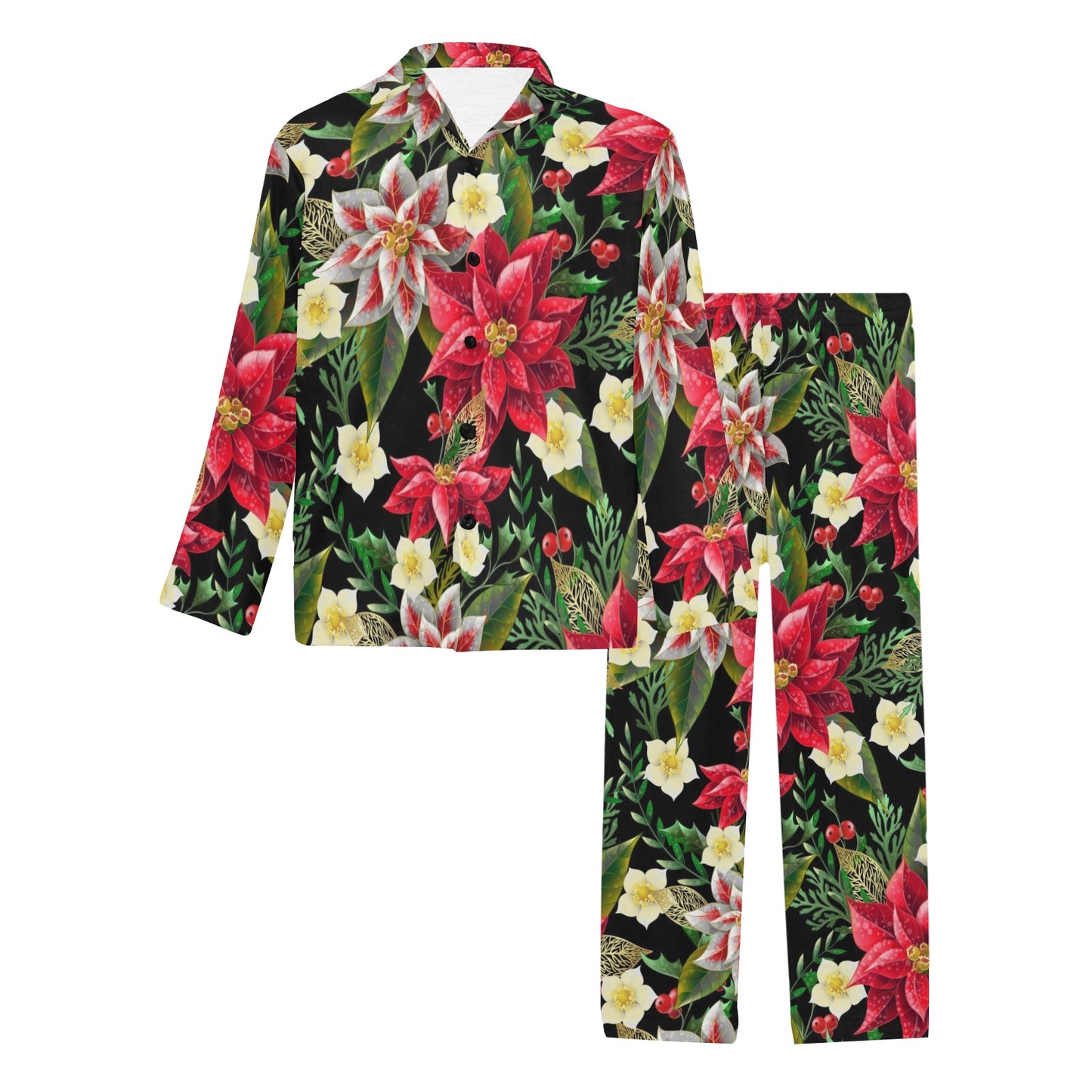 Poinsettia Pattern Print Design POT05 Men's Long Pajama Set