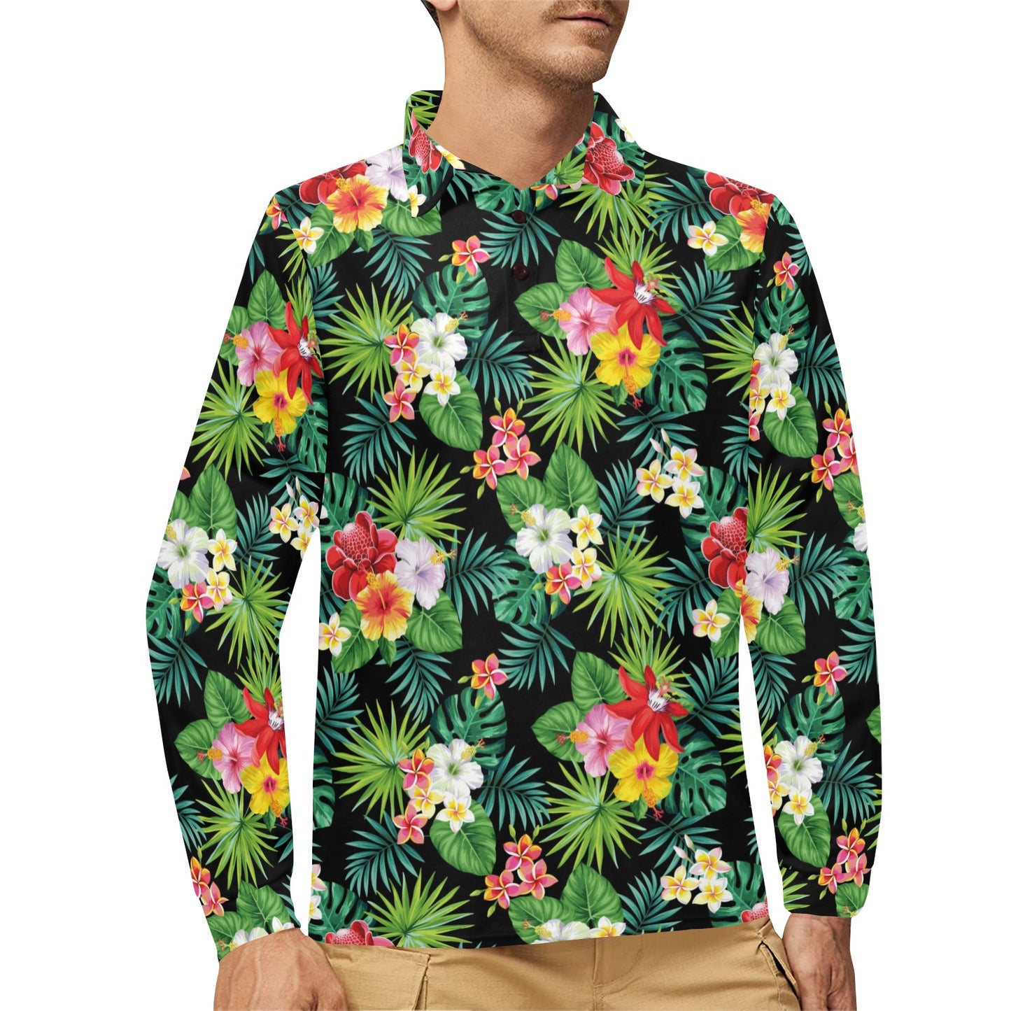 Hibiscus Hawaiian flower tropical Long Sleeve Polo Shirt For Men's