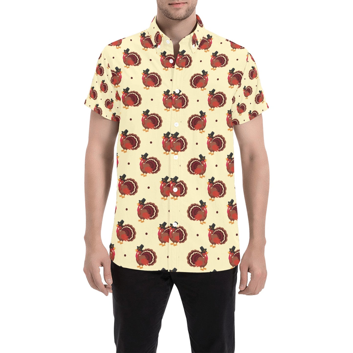 Thanksgiving Print Design LKS3010 Men Short Sleeve Button Up Shirt