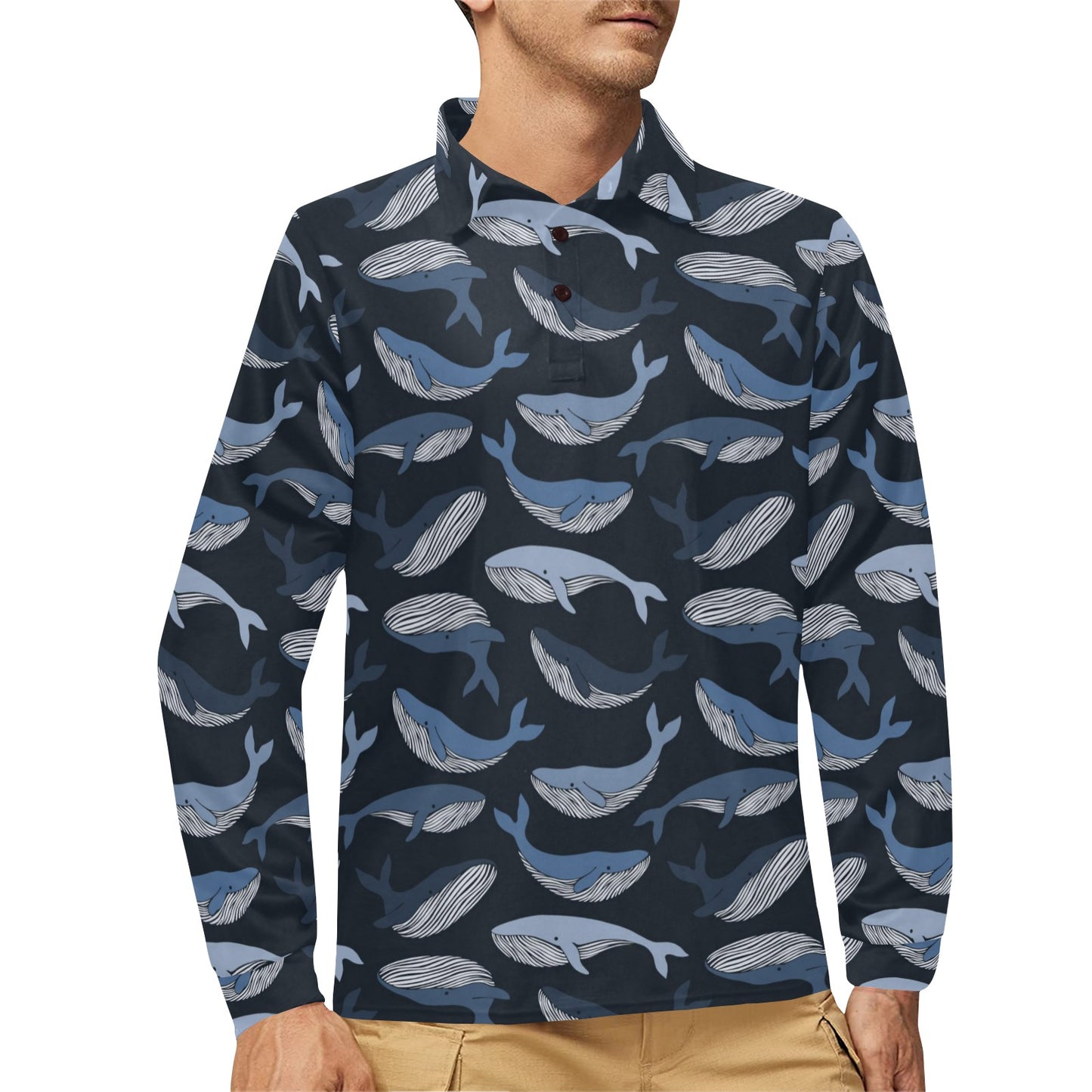 Whale Print Design LKS301 Long Sleeve Polo Shirt For Men's