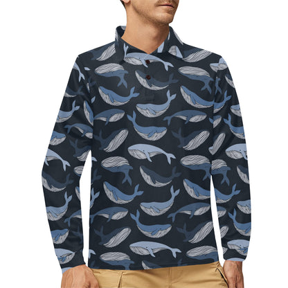 Whale Print Design LKS301 Long Sleeve Polo Shirt For Men's