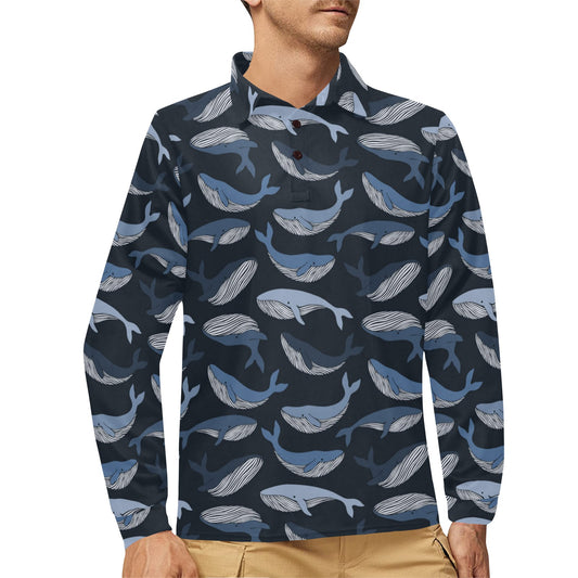 Whale Print Design LKS301 Long Sleeve Polo Shirt For Men's