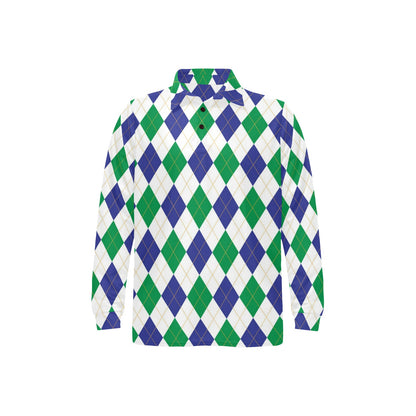 Argyle Green Blue Pattern Print Design 03 Long Sleeve Polo Shirt For Men's