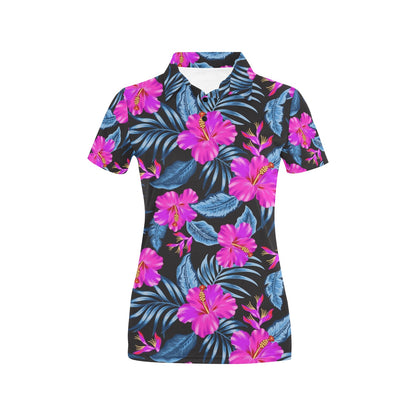 Neon Pink Hibiscus Pattern Print Design HB015 Women's Polo Shirt