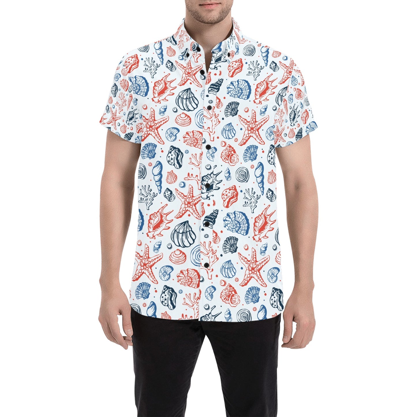 Seashell Print Design LKS307 Men Short Sleeve Button Up Shirt