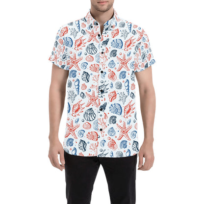 Seashell Print Design LKS307 Men Short Sleeve Button Up Shirt