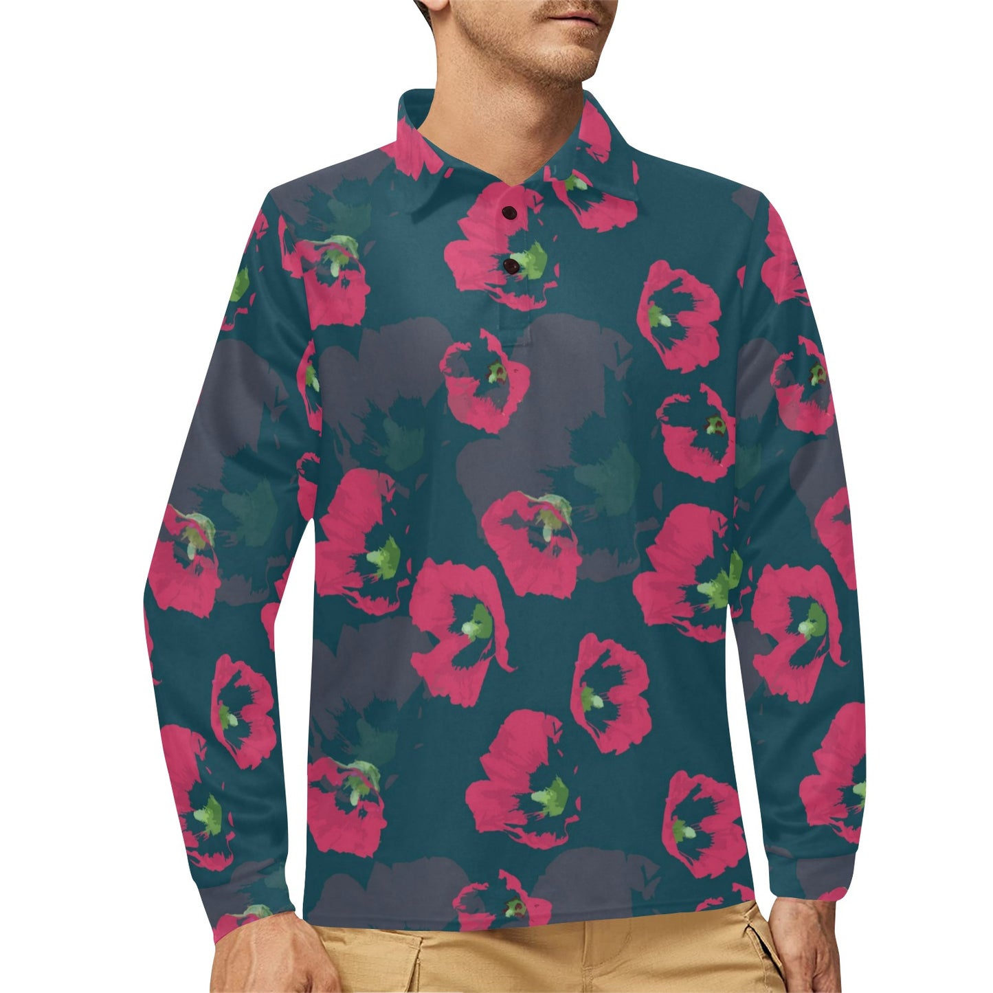 Morning Glory Pattern Print Design 01 Long Sleeve Polo Shirt For Men's