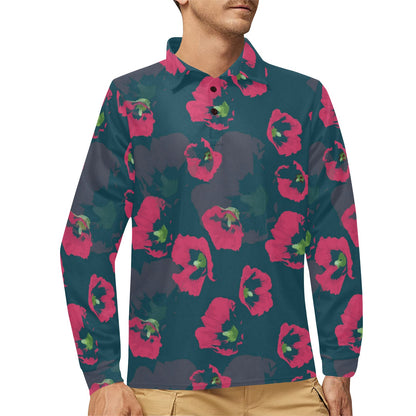 Morning Glory Pattern Print Design 01 Long Sleeve Polo Shirt For Men's