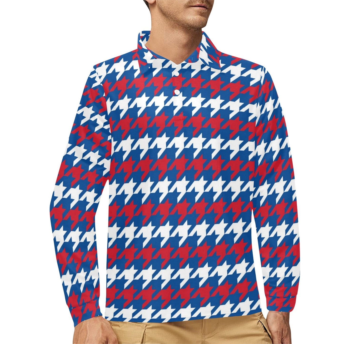 Patriotic Houndstooth Pattern Print Design A02 Long Sleeve Polo Shirt For Men's