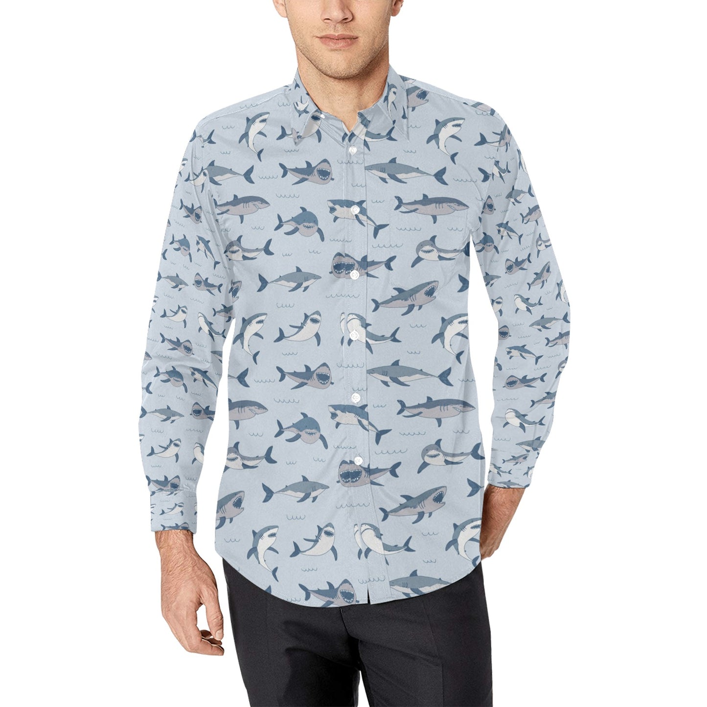 Shark Print Design LKS304 Men's Long Sleeve Dress Shirt