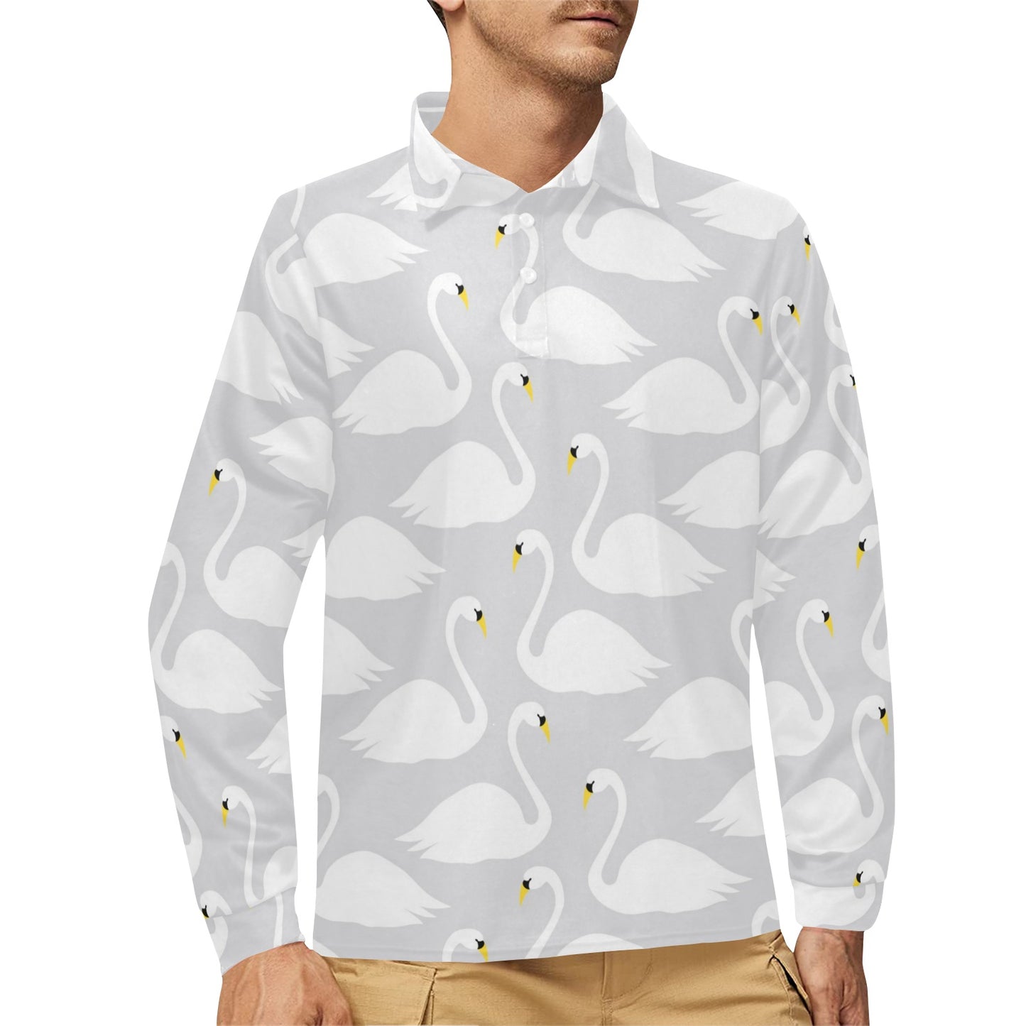 Swan Pattern Print Design 02 Long Sleeve Polo Shirt For Men's