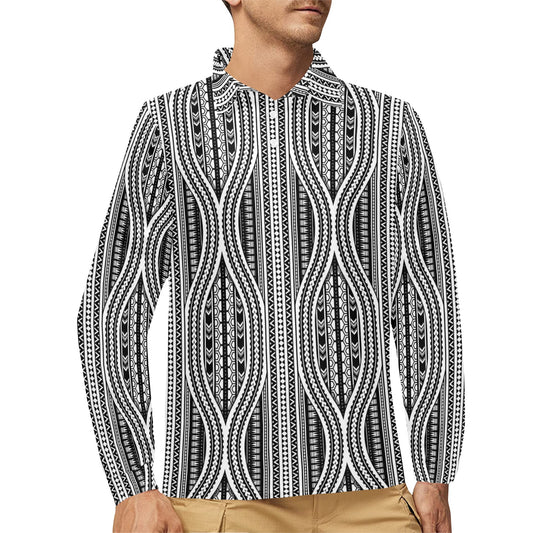 Polynesian Tribal Style Long Sleeve Polo Shirt For Men's