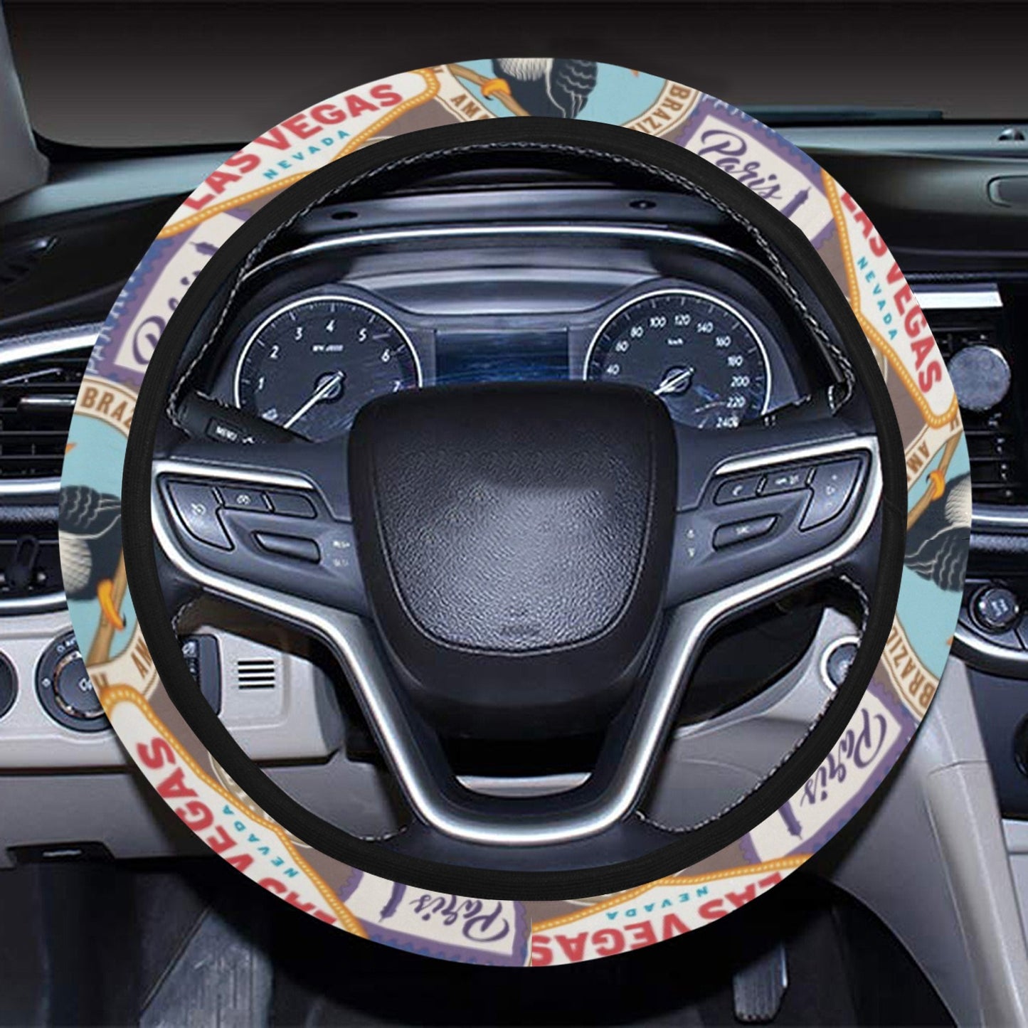 Travel Stamp Print Design LKS301 Steering Wheel Cover with Elastic Edge