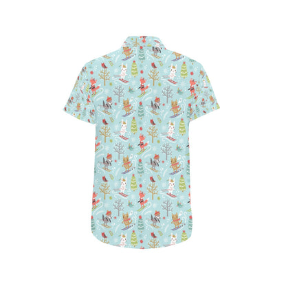 Ski Fox Cute Print Design LKS303 Men Short Sleeve Button Up Shirt