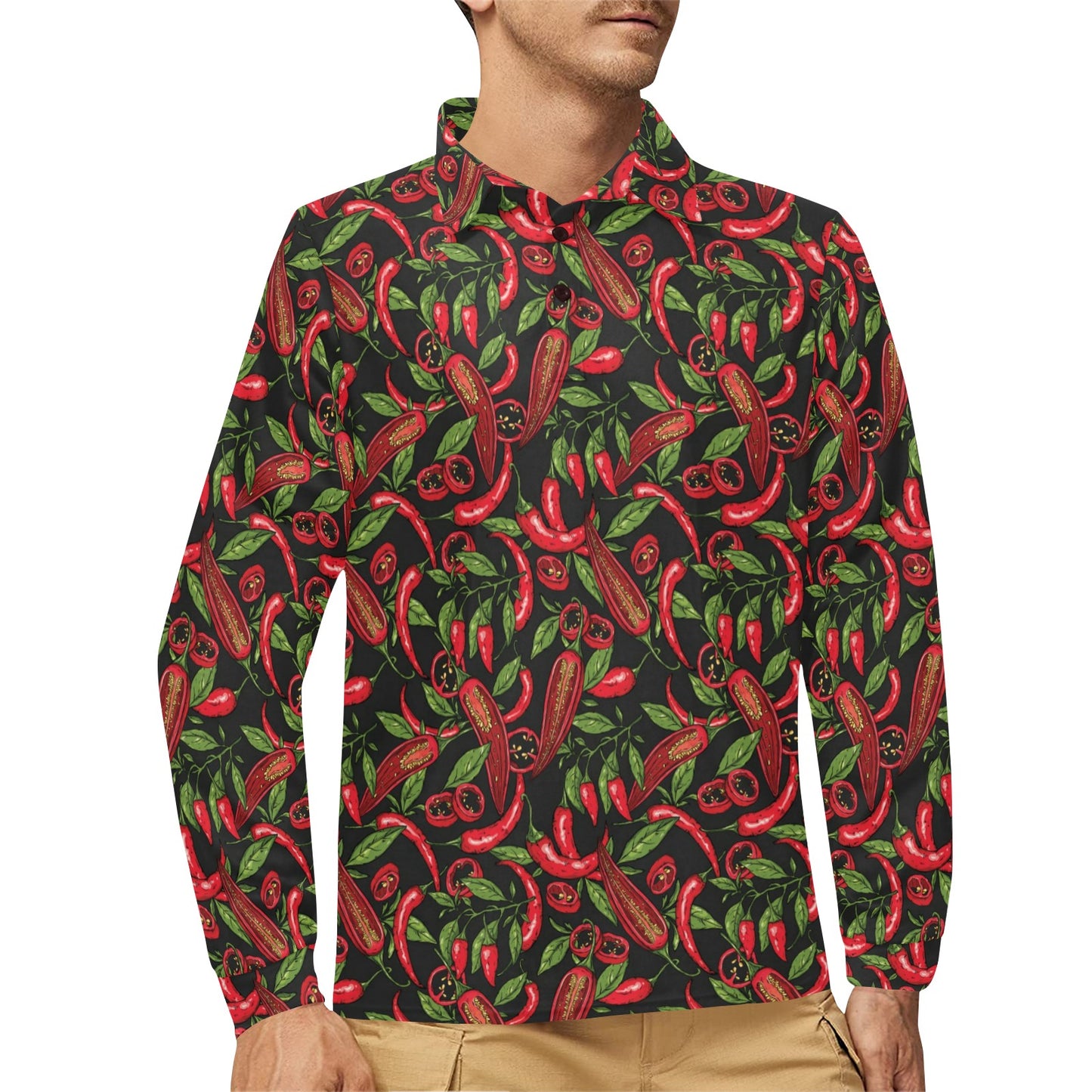 Chilli Pepper Pattern Print Design 02 Long Sleeve Polo Shirt For Men's