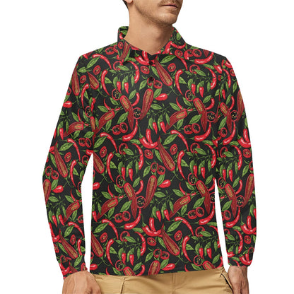 Chilli Pepper Pattern Print Design 02 Long Sleeve Polo Shirt For Men's