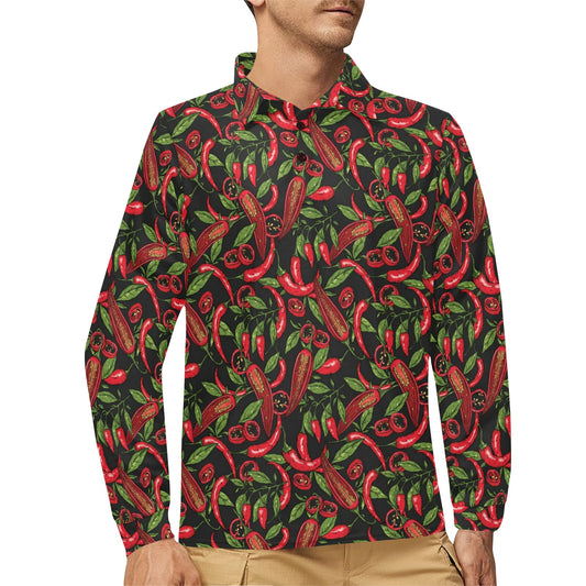 Chilli Pepper Pattern Print Design 02 Long Sleeve Polo Shirt For Men's