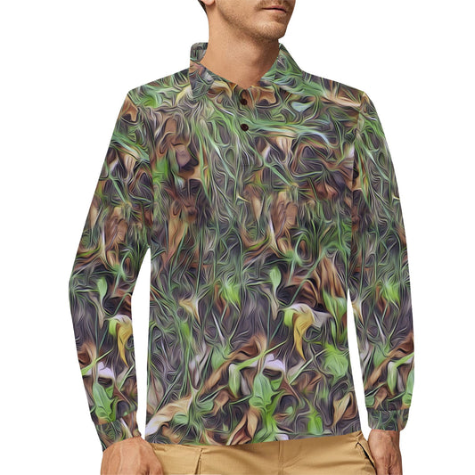 Camouflage Realistic Tree Print Long Sleeve Polo Shirt For Men's