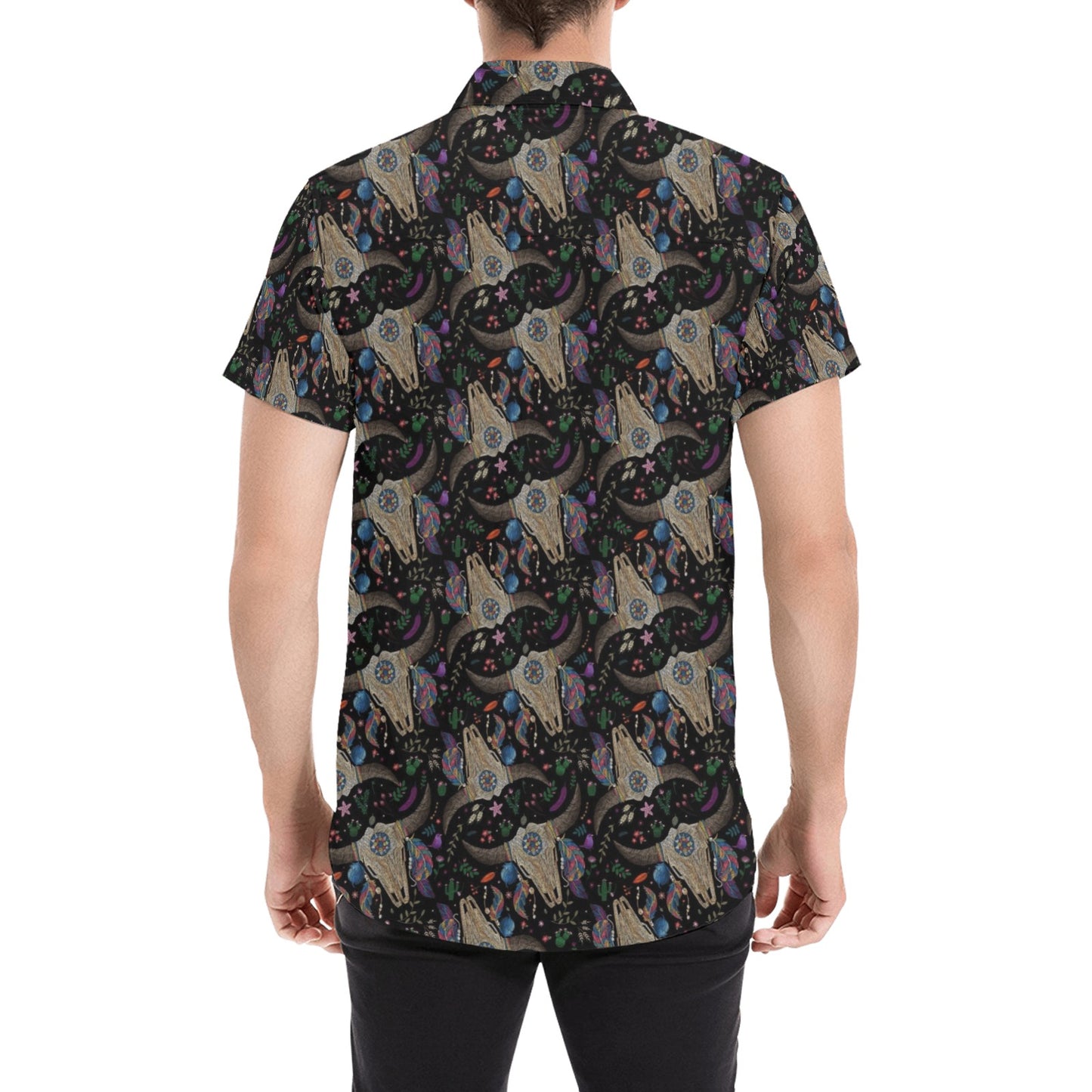 Buffalo Head Print Design LKS401 Men Short Sleeve Button Up Shirt