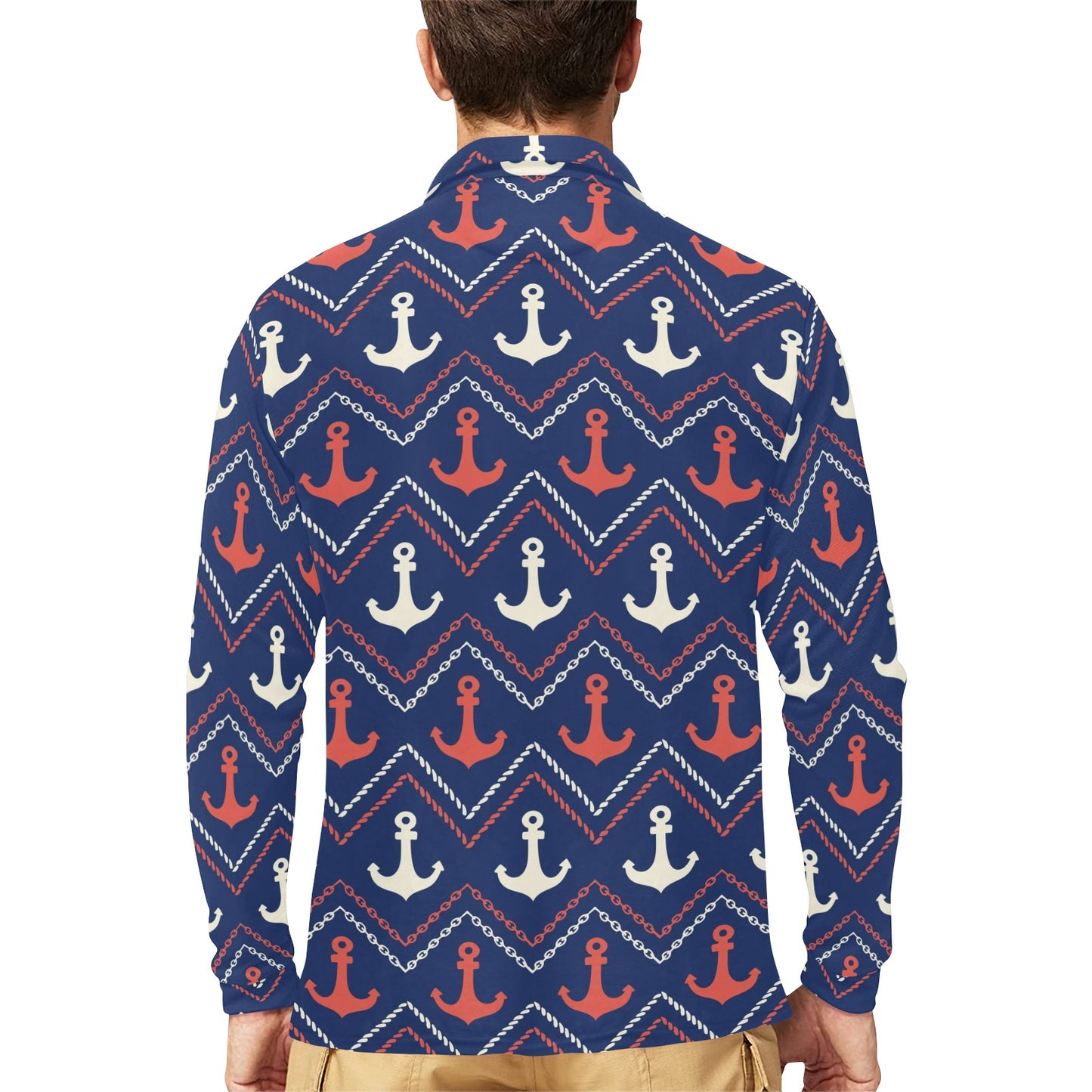 Anchor Pattern Print Design 07 Long Sleeve Polo Shirt For Men's