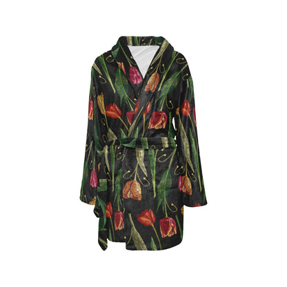 Tulip Embroidered Pattern Print Design TP01 Women's Fleece Robe