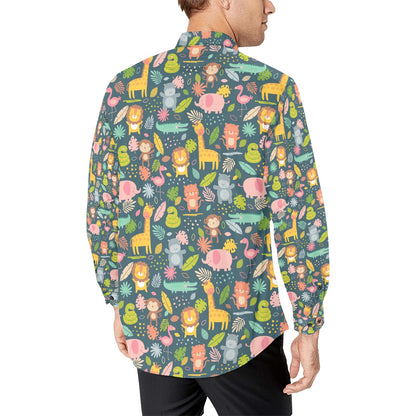 Safari Animal Cartoon Print Design LKS305 Men's Long Sleeve Dress Shirt