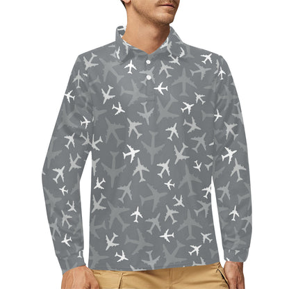 Airplane Pattern Print Design 02 Long Sleeve Polo Shirt For Men's