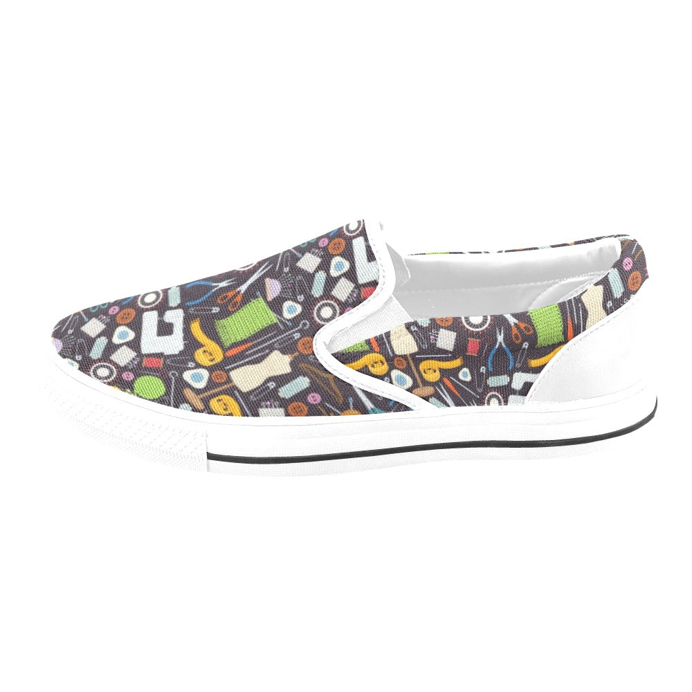 Sewing Equipment Print Design LKS308 White Slip Ons Canvas Women's Shoes