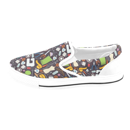 Sewing Equipment Print Design LKS308 White Slip Ons Canvas Women's Shoes