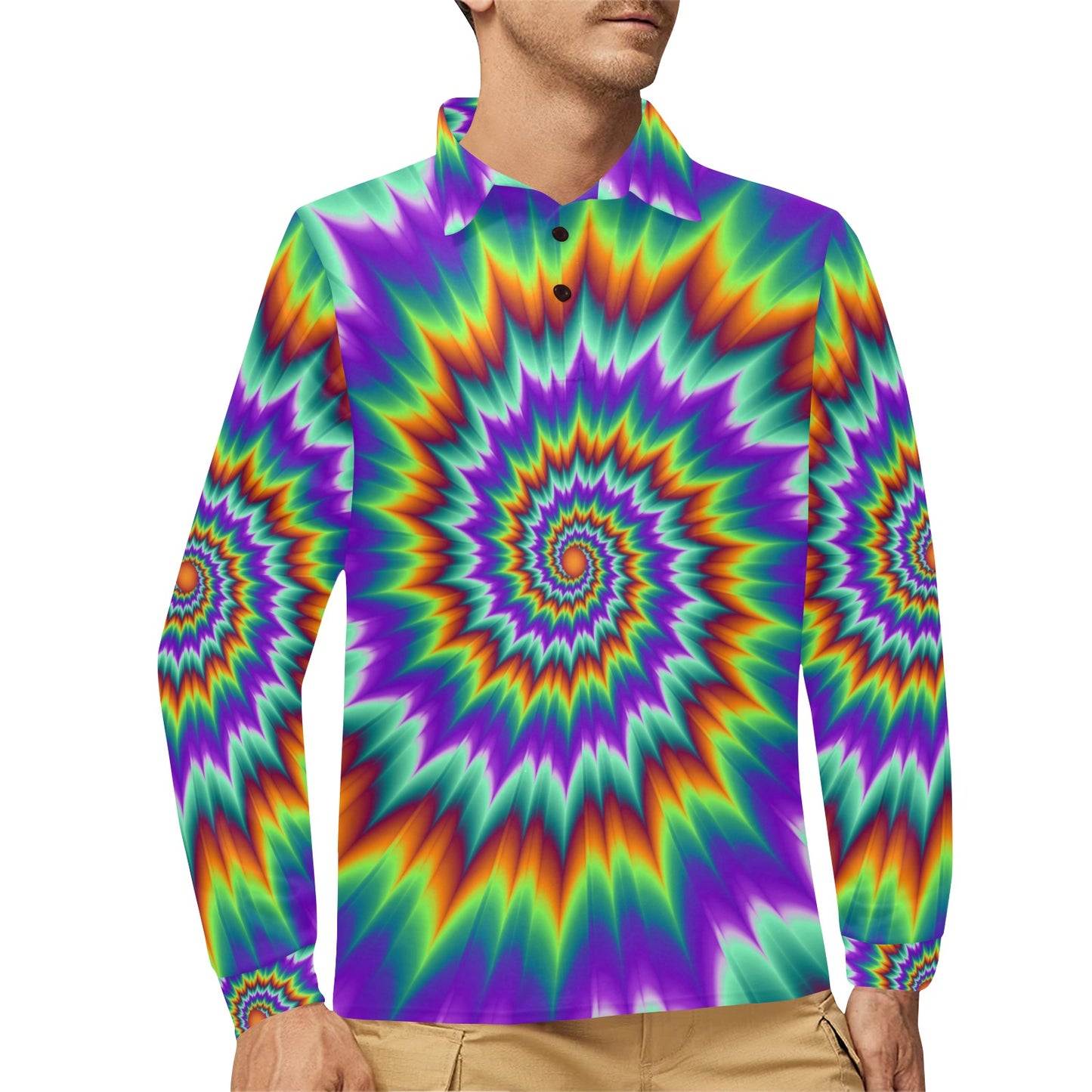 Optical illusion Pulsing fiery spirals Long Sleeve Polo Shirt For Men's