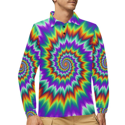 Optical illusion Pulsing fiery spirals Long Sleeve Polo Shirt For Men's