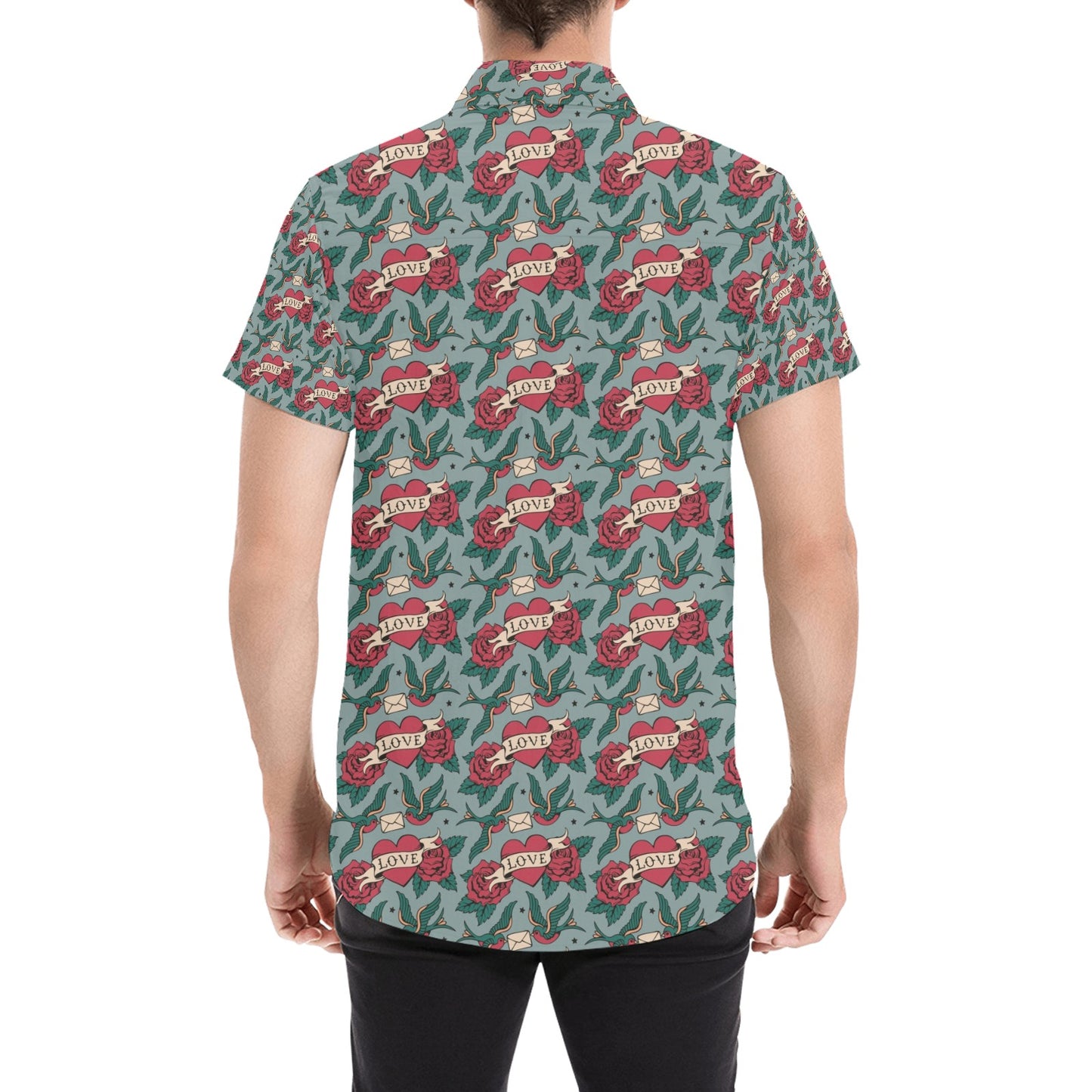 Tattoo Heart Print Design LKS301 Men Short Sleeve Button Up Shirt