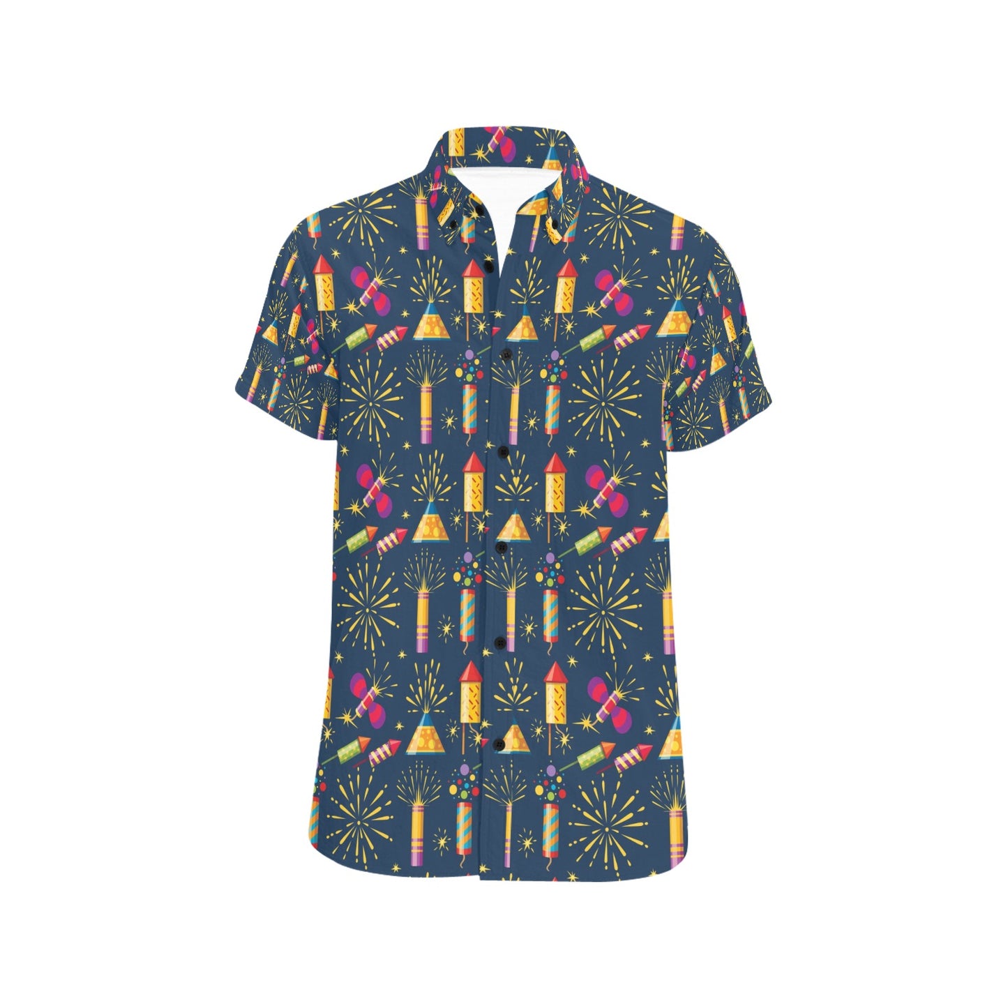 Firework Sparkling Rockets Print Design LKS306 Men Short Sleeve Button Up Shirt