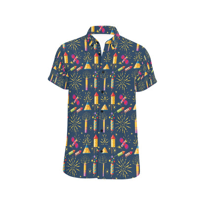 Firework Sparkling Rockets Print Design LKS306 Men Short Sleeve Button Up Shirt