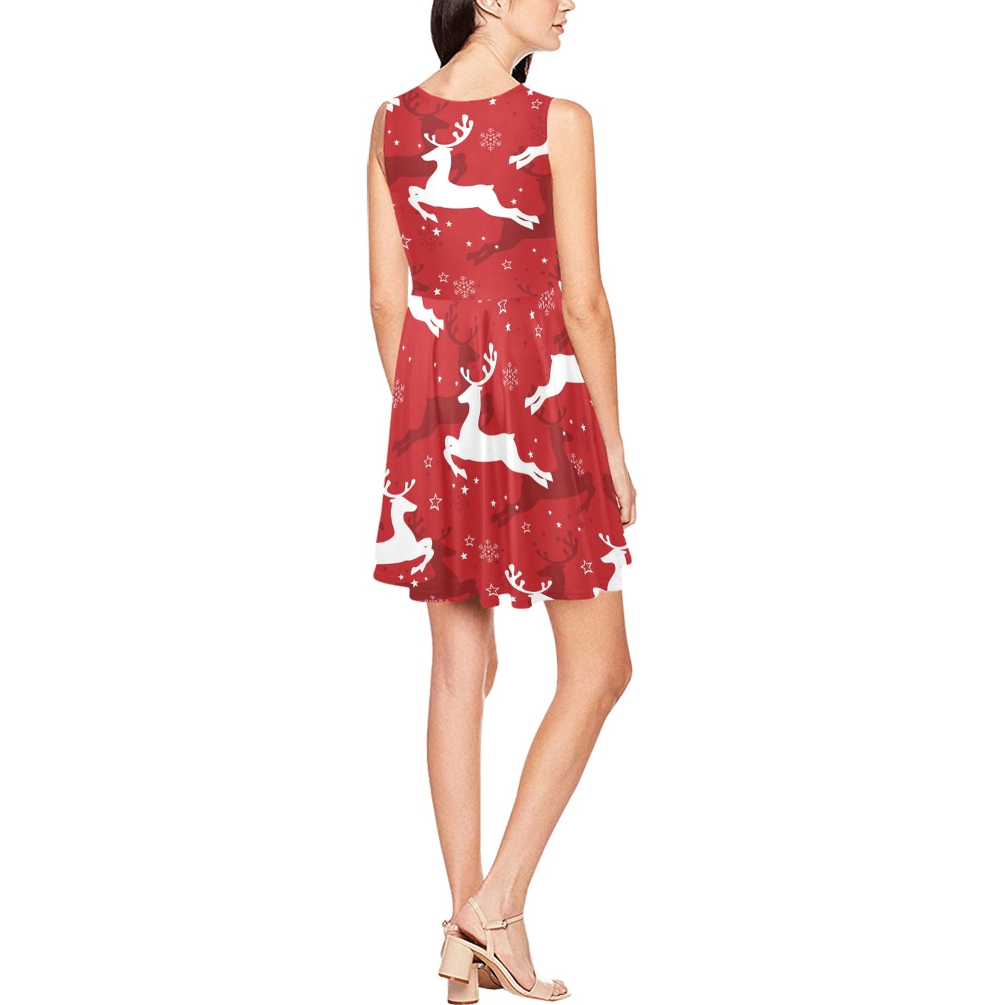 Reindeer Red Pattern Print Design 01 Sleeveless Dress