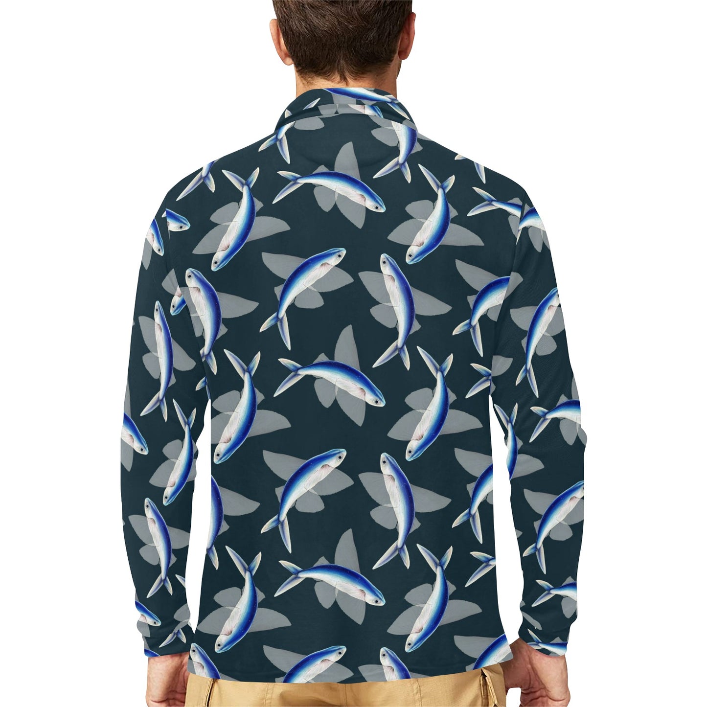 Flying Fish Pattern Print Design 04 Long Sleeve Polo Shirt For Men's