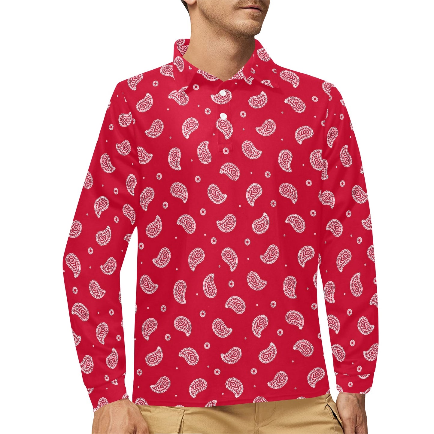 Bandana Red Paisley Print Design LKS305 Long Sleeve Polo Shirt For Men's