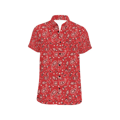 Bandana Paisley Red Print Design LKS3011 Men Short Sleeve Button Up Shirt