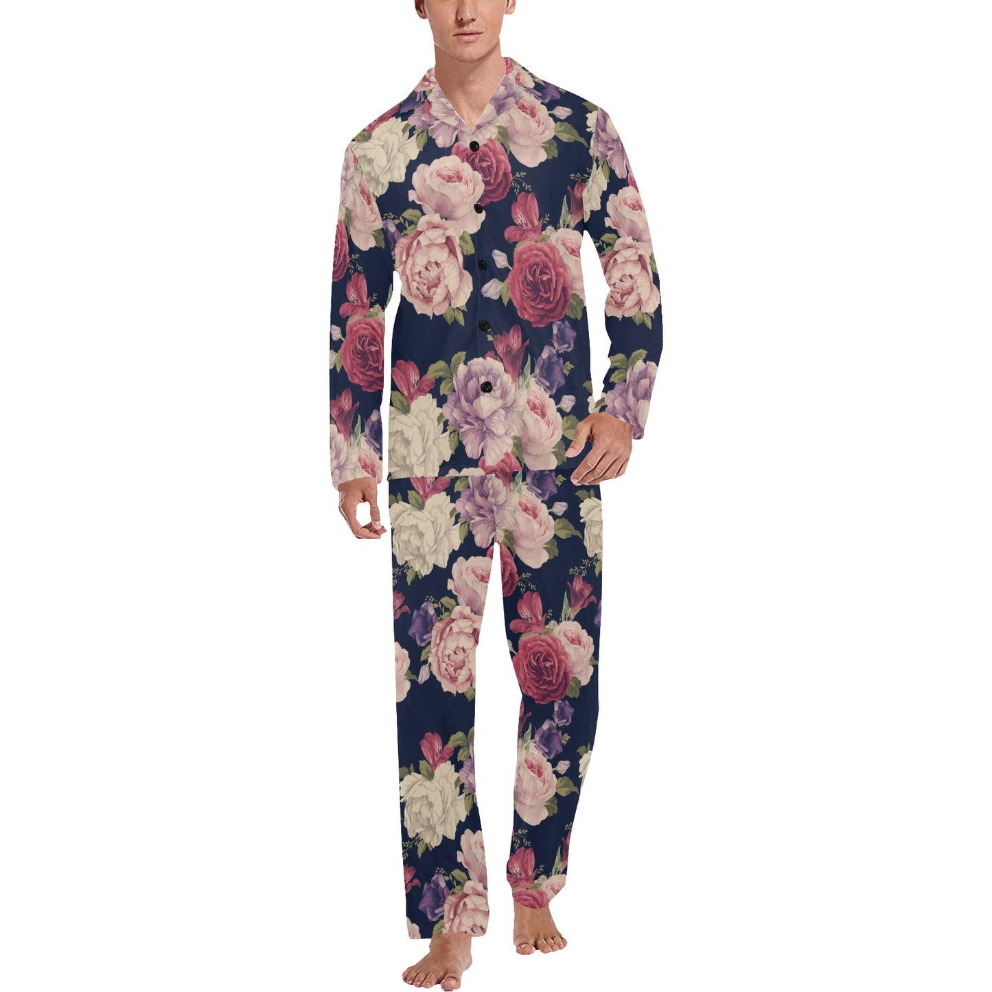 Peony Pattern Print Design PE03 Men's Long Pajama Set