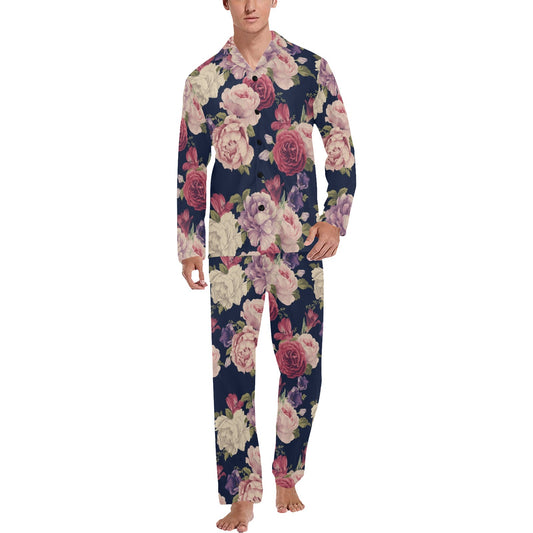 Peony Pattern Print Design PE03 Men's Long Pajama Set