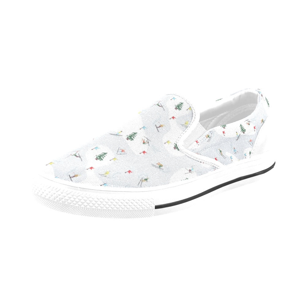 Ski Print Design LKS305 White Slip Ons Canvas Women's Shoes