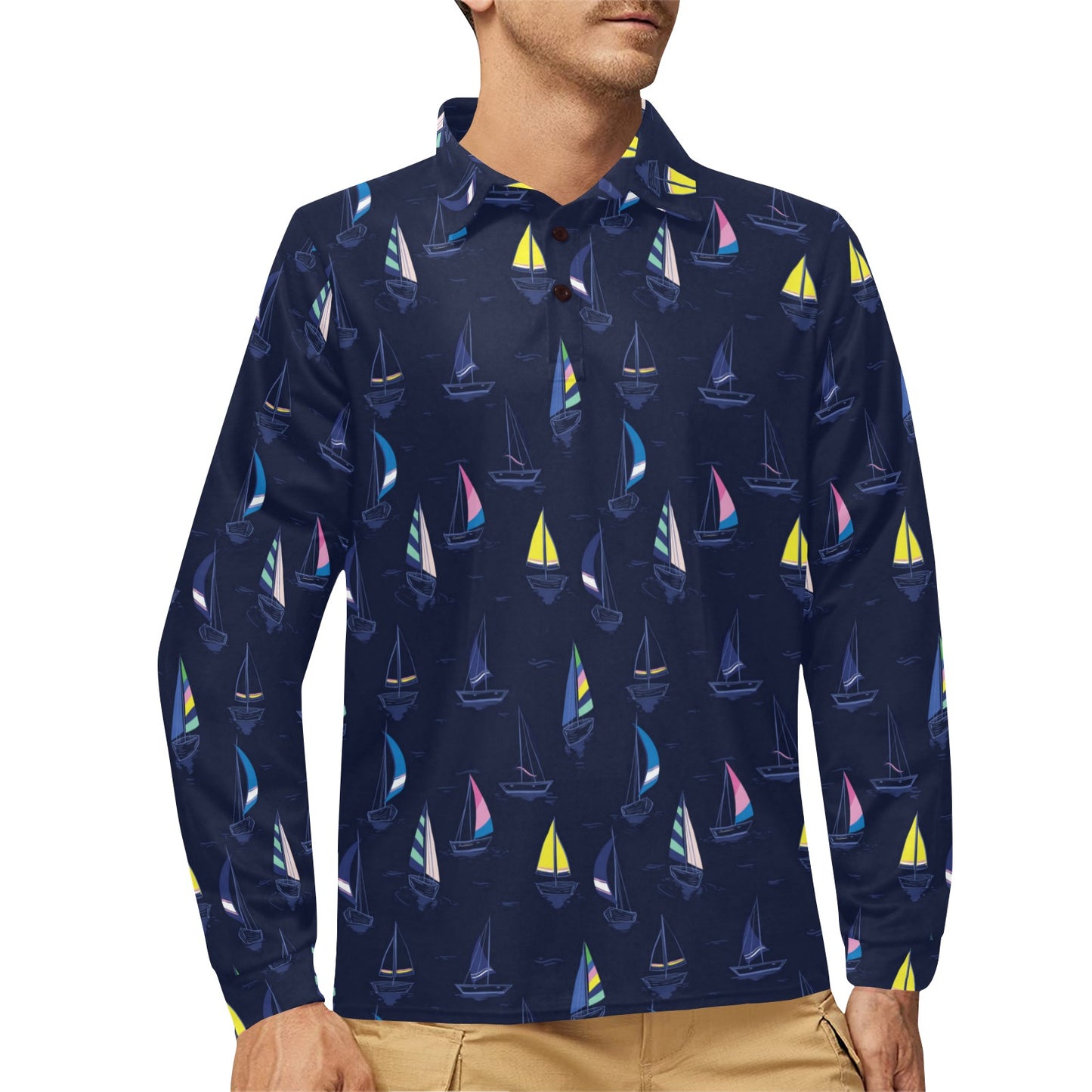 Sailboat Print Design LKS305 Long Sleeve Polo Shirt For Men's