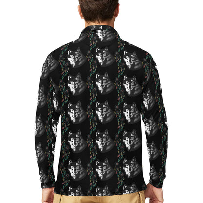 Wolf Black Dream Catcher Design Print Long Sleeve Polo Shirt For Men's